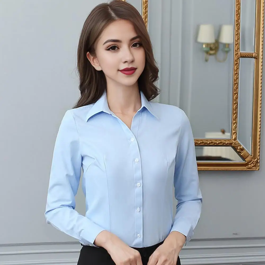 

Stretchy Long Sleeve Top Elegant Lapel Collar Women's Shirt Collection Long Sleeve Slim Fit Office Lady Tops for Work Wear Fall