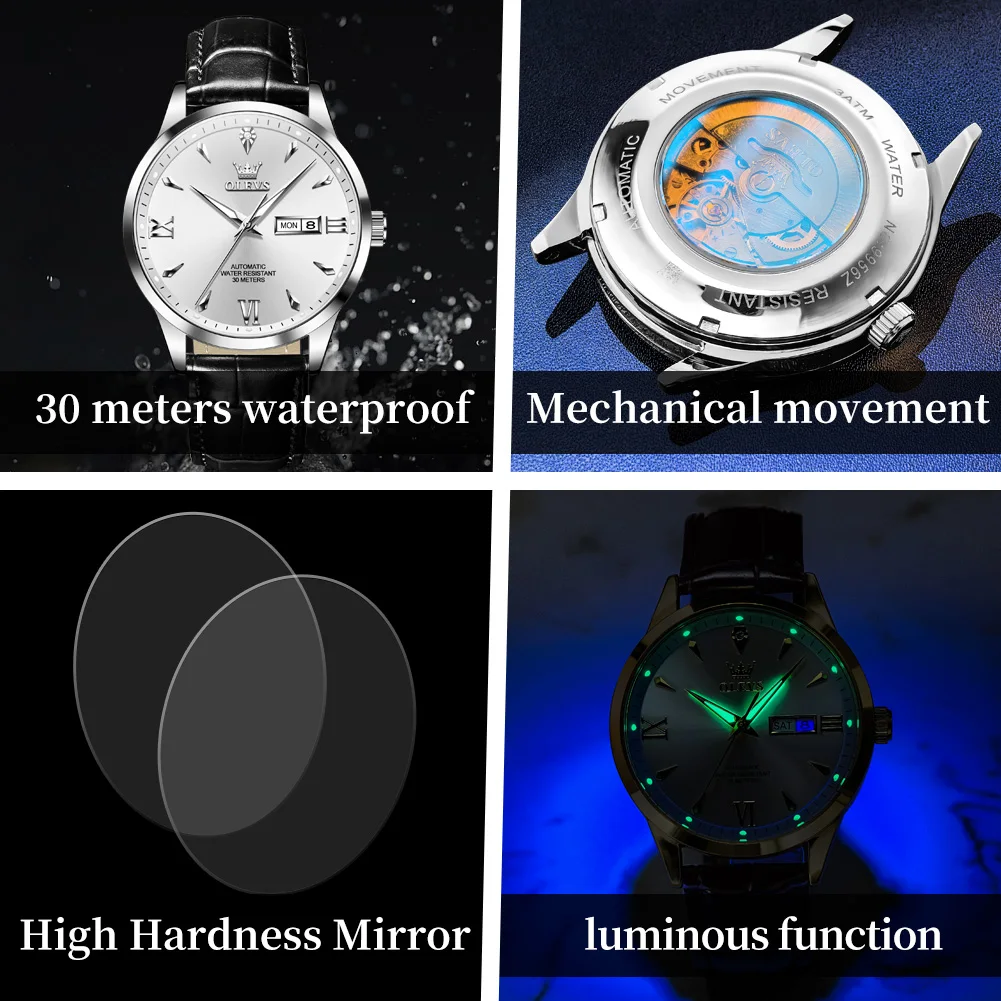 OLEVS 9956 reloj para hombre, reloj mecánico automático Original a la moda, correa de cuero resistente al agua, calendario, reloj de negocios de lujo para hombre