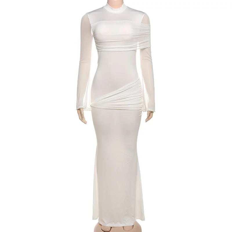 Femmes élégantes maille transparente Patchwork froncé moulante Maxi Robe de soirée col rond perles manches évasées sirène Robe de soirée longue Robe