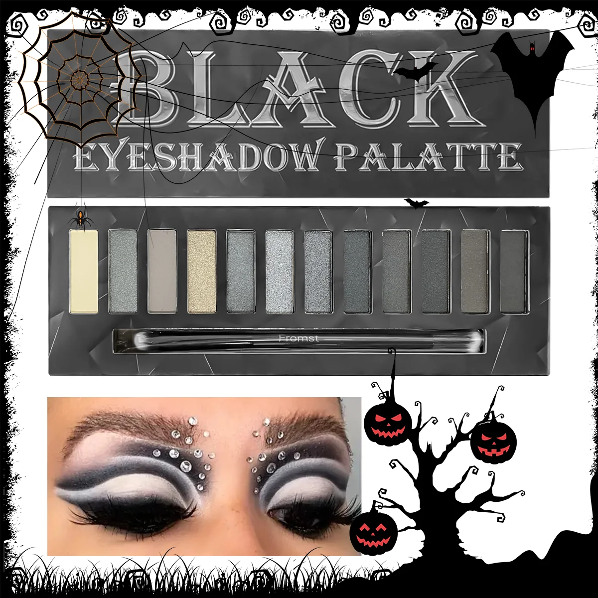 12 Colors Black Eyeshadow Palette, Glitter Brown Neutral Dark Smokey Eyeshadow Palettes For Halloween Gothic Punk Style Makeup