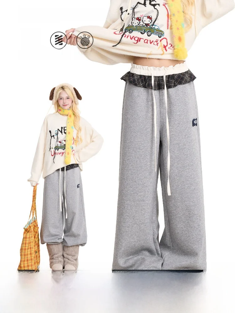 

NERESUM Vintage Plaid Patchwork Wide Leg Casual Pants Women's Loose Straight Sporty Trousers Comfortable Drapey Casual Trousers