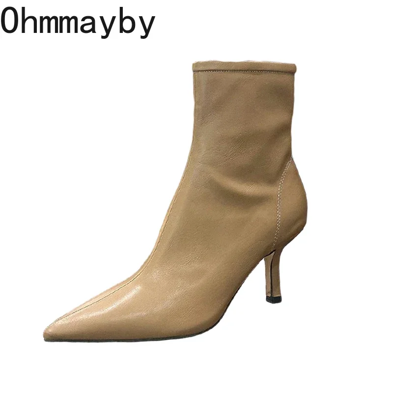 Pointed Toe Women Elastic Short Boots Fashion Side Zippers Slim Ankle Booties High Heel 2024 New Autumn Winter Ladies Shoes