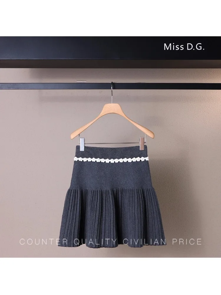 French Elegant Sweet Knitted Skirt Set Beaded Round Neck Long Sleeve Cardigan High Waist Pleated Skirts Two-Piece Set for Women