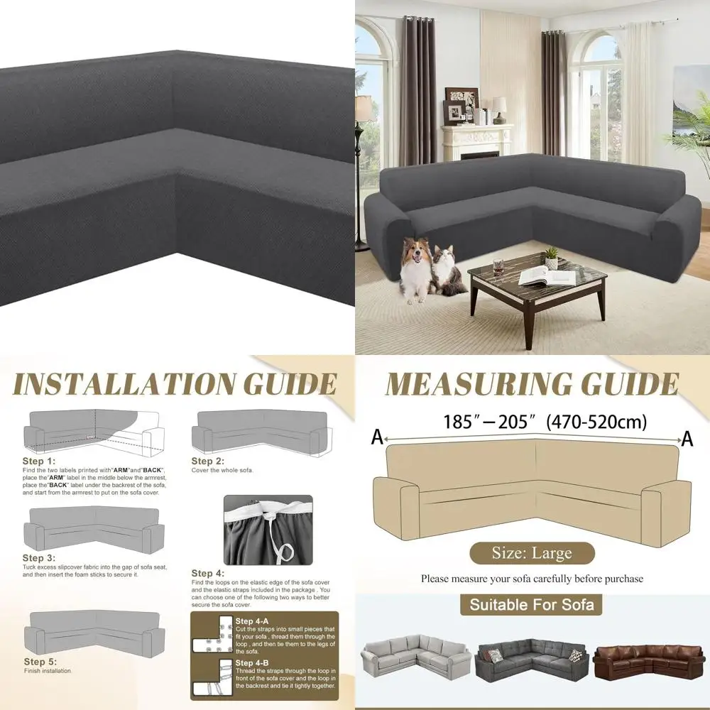

Sectional Sofa Covers L-Shaped Couch Slipcovers Stretch Jacquard Protector for Pets, Dark Grey, Large
