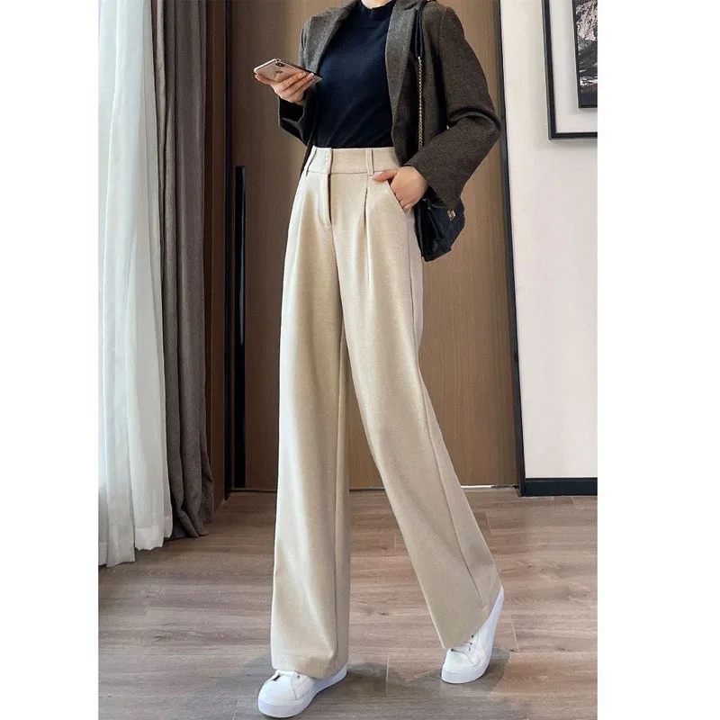Autumn Winter Female Straight Loose Solid Color Wide Leg Pants Simplicity Fashion High Waist Button Trousers Women's Clothing