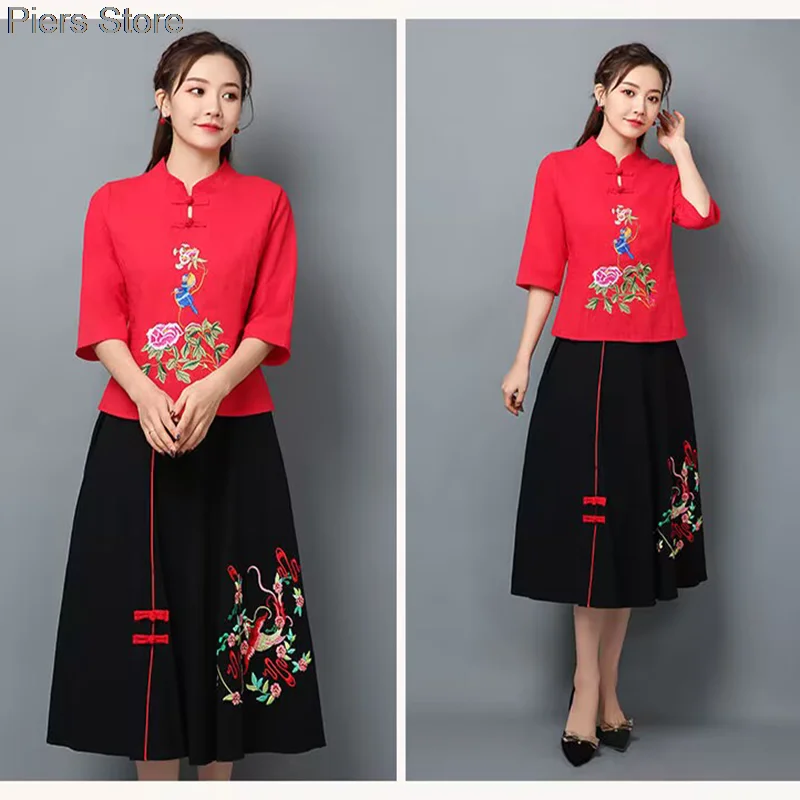 Vintage algodão linho chinês tang terno feminino verão solto tradicional hanfu topo elegante estilo nacional blusa 2xl bordado