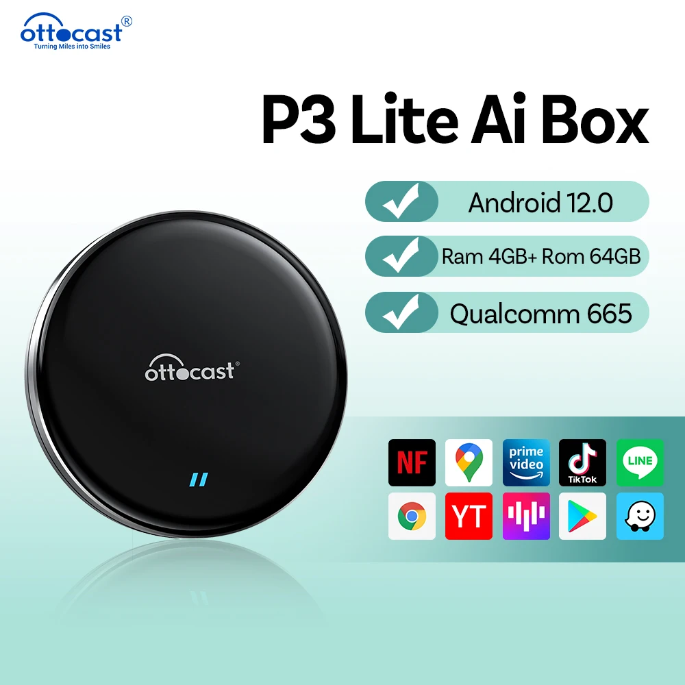 Ottocast P3 Lite Ai TV Box Wireless CarPlay Android Auto Adapter Qualcomm 665 8 Cores Ram 4GB Rom 64GB Android 12 Car Accesories