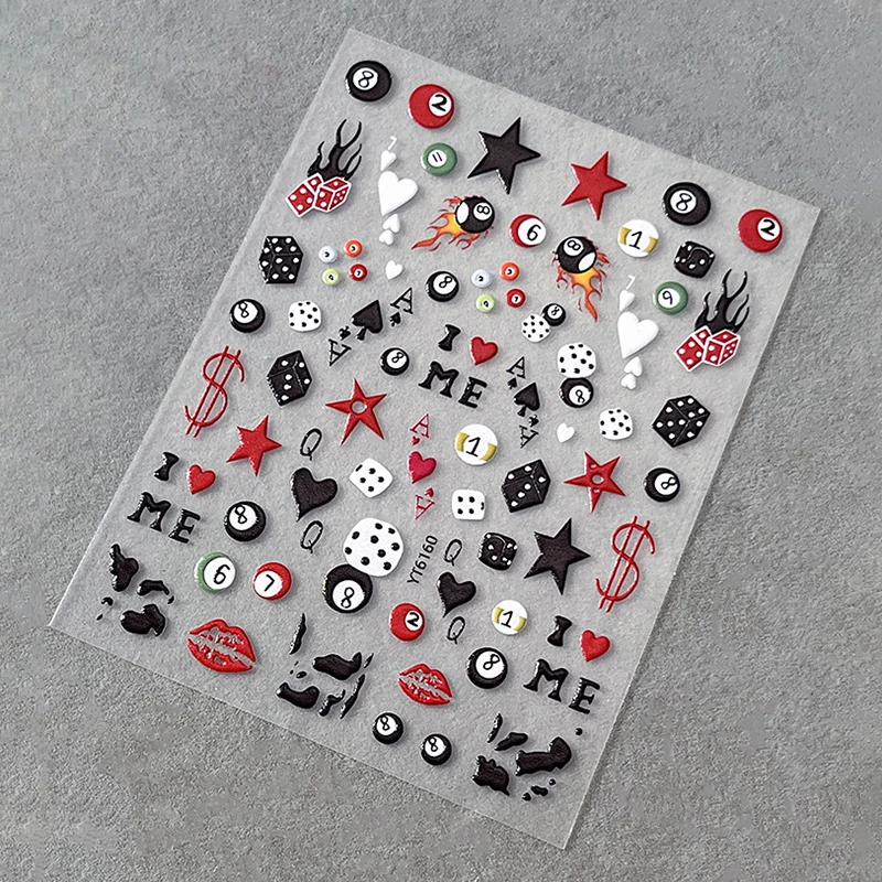 3D Embossed Cherry Nail Art Stickers Self Adhesive Pool & Dice Design Nail Art Decals Manicure DIY Accessories