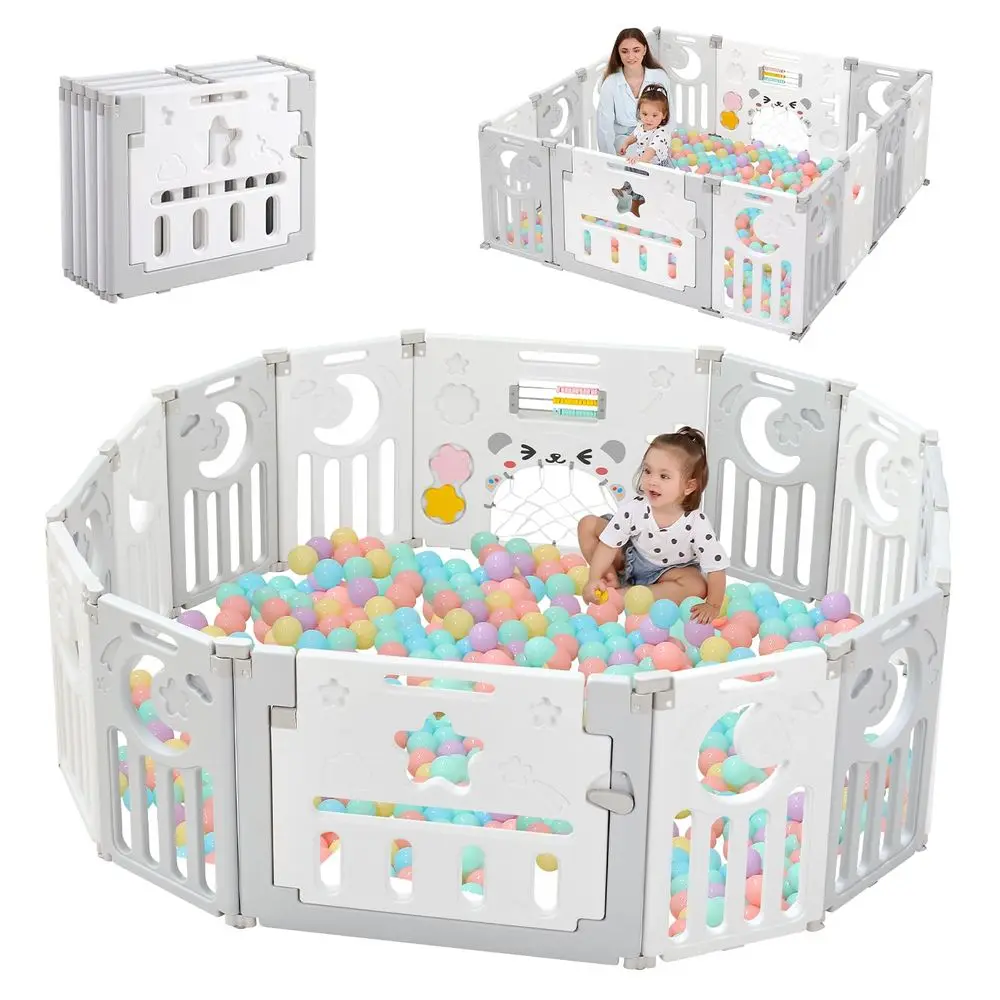 روضة أطفال محمولة مكونة من 14 لوحة للأطفال الصغار، سياج أمان قابل للطي، رمادي وأبيض، مناسبة للاستخدام الداخلي والخارجي #1