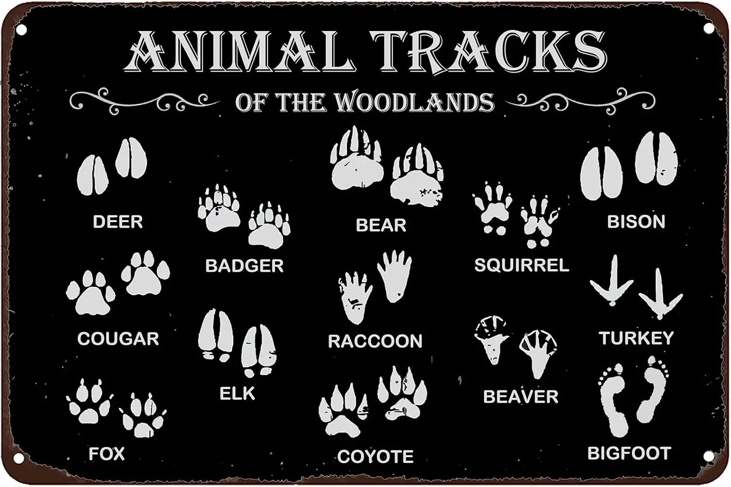 Animal Tracks Field Guide Metal Tin Sign Wall Decor Rustic Retro Educational Poster Sign for Home Nursery Bedroom Wall Art Decor