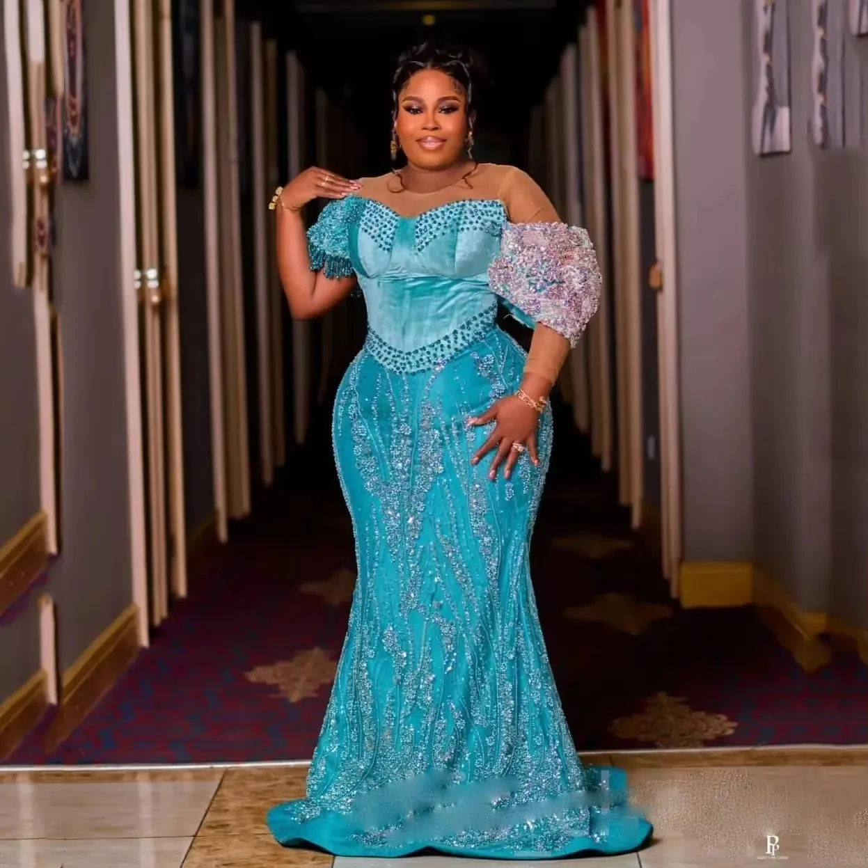 

Синее вечернее платье, длинное вечернее платье русалки с бисером, длинные рукава, аппликация, африканское вечернее платье с блестками abito da sera Aqua