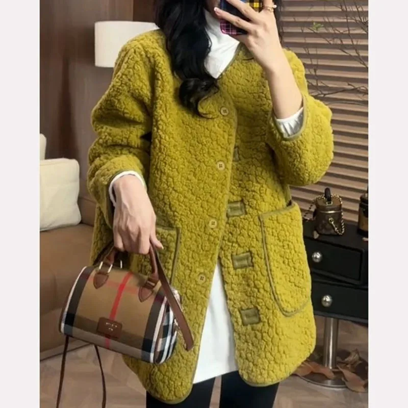 

2025 Ladies Solid Color Tops Jacket Autumn Winter Female Long Sleeve Coat European Women Fashion Round Neck Lamb Wool Outwear