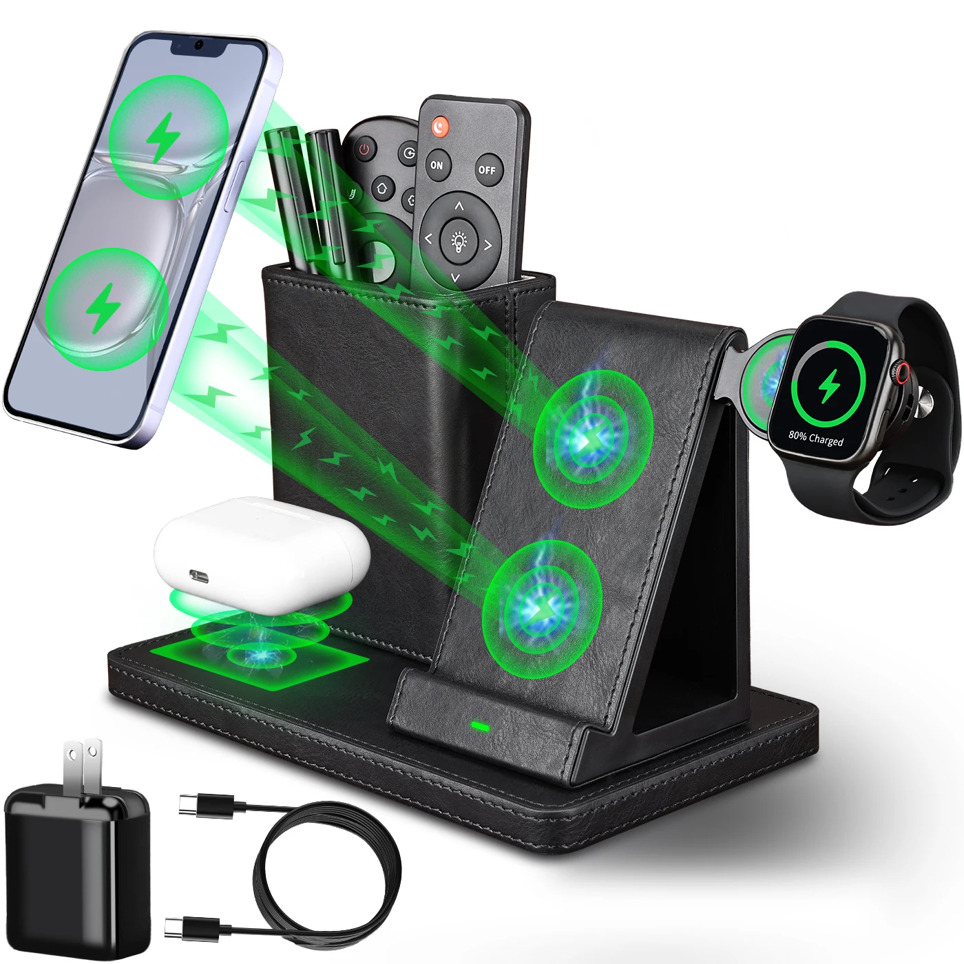 

Black Leather Desk Organizer Desktop Desk 3 in 1 Charging Station 15W Wireless Charger Stand For Phone Watch Earphone