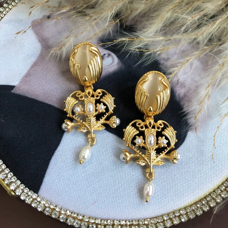 

Vintage Palace Style Gold Plated Opal Flower Tassel Pearl Earrings