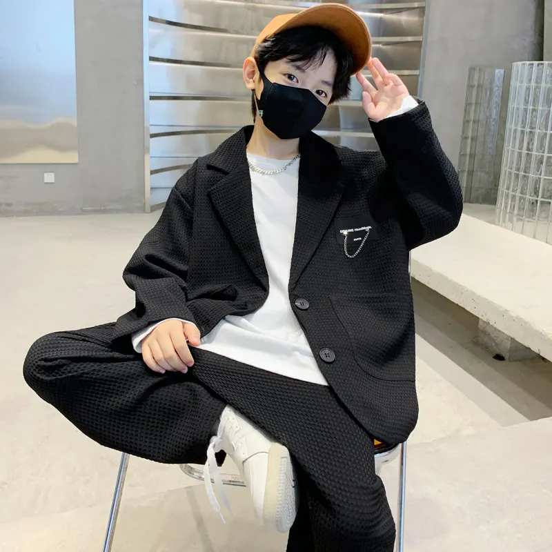 Kids Boys Suit Blazer+Pants Two Piece Black Khaki Spring Autumn Korean Children Casual Formal Soft Clothing Set 5 To 14Years Old