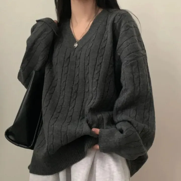 

Свободный вязаный свитер, осень-зима, новый простой ленивый свитер средней длины, V Ne Lantern Sve, чистый цвет, полиэстер