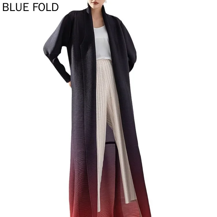 MIYAKE-Pleated Trench Coat for Women Fashionable and Loose-Fitting Printed Gradient Lapel Bat Sleeves Long Trench Coat High-end