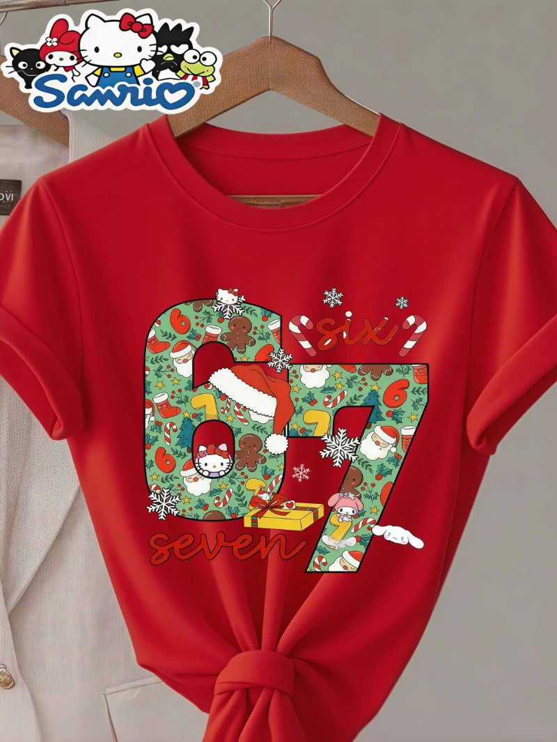เสื้อยืดซานริโอ้คริสต์มาส 67 เสื้อยืดลายคริสต์มาส แต่งตัวเป็นลายคิตตี้แคท เสื้อยืดแขนสั้นคอกลมสำหรับผู้หญิง