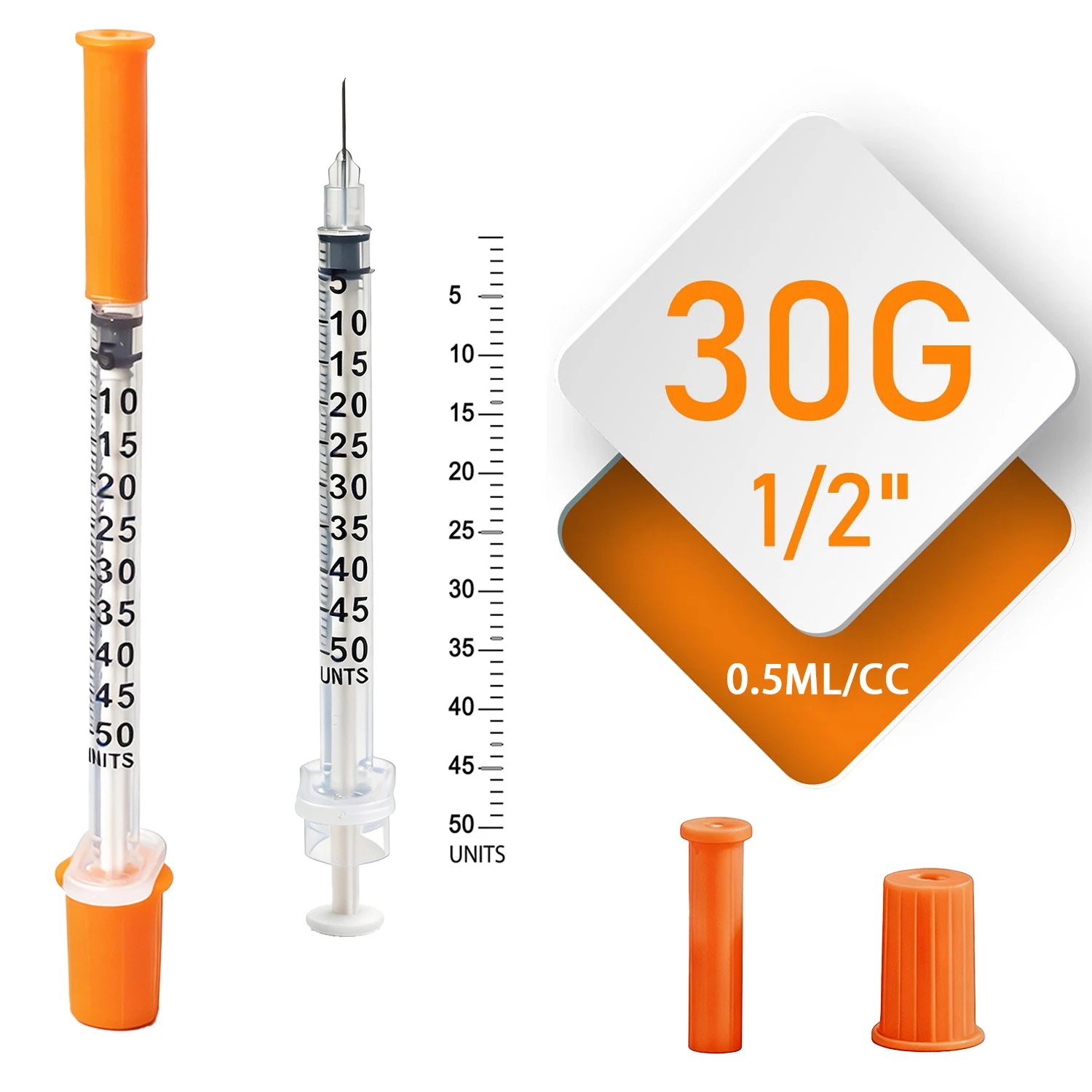 50/100 Stück 0,5 ml 30G 8 mm Einweg-sterile orangefarbene Insulinspritze mit 5/16" Nadel, einzeln verpackt für die Tierfütterung, Kunststoff – Detail 2