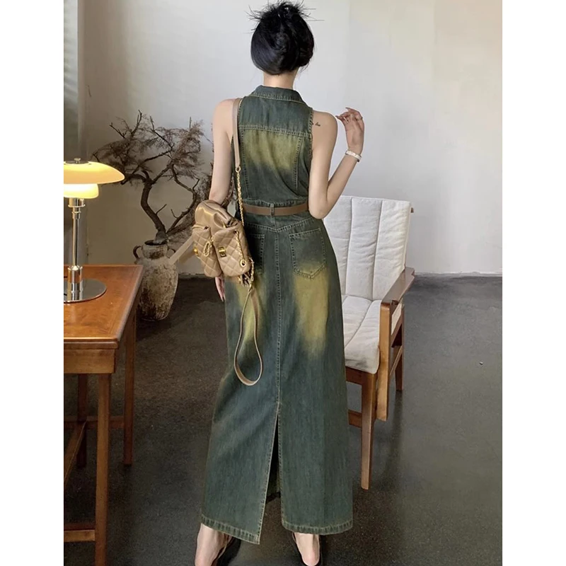 Vestido tipo chaleco vaquero Vintage Y2k para mujer, cintura con solapa, un solo pecho, vestido a la cadera con bolso en contraste, vestidos vaqueros largos divididos, verano, nuevo