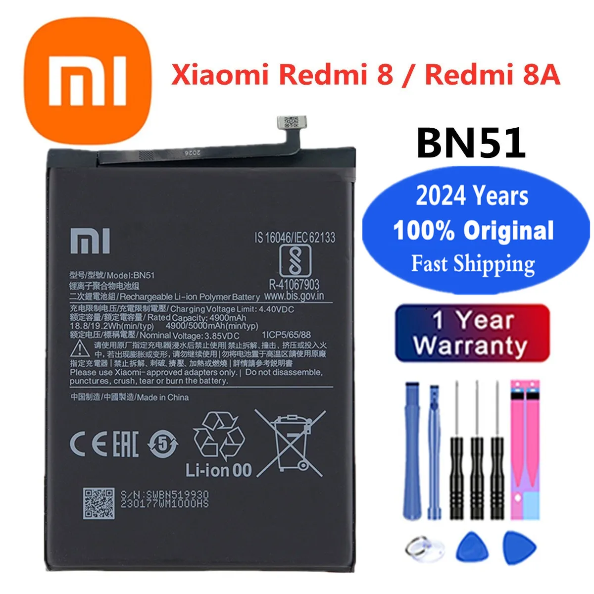 

2024 Years Xiao mi 100% Orginal Battery BN51 for Xiaomi Redmi8 Redmi8A Redmi 8 8A 5000mAh Replacement Mobile Phone Bateria