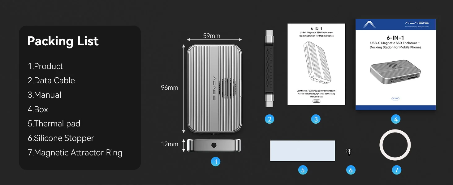 Acasis Magnetische USB-C-Dockingstation M.2 NVMe SSD-Gehäuse mit Lüfter 4K HDMI 100W PD-Unterstützung SSD 2230/42/60/80mm iPhone16 17 – Detail 10