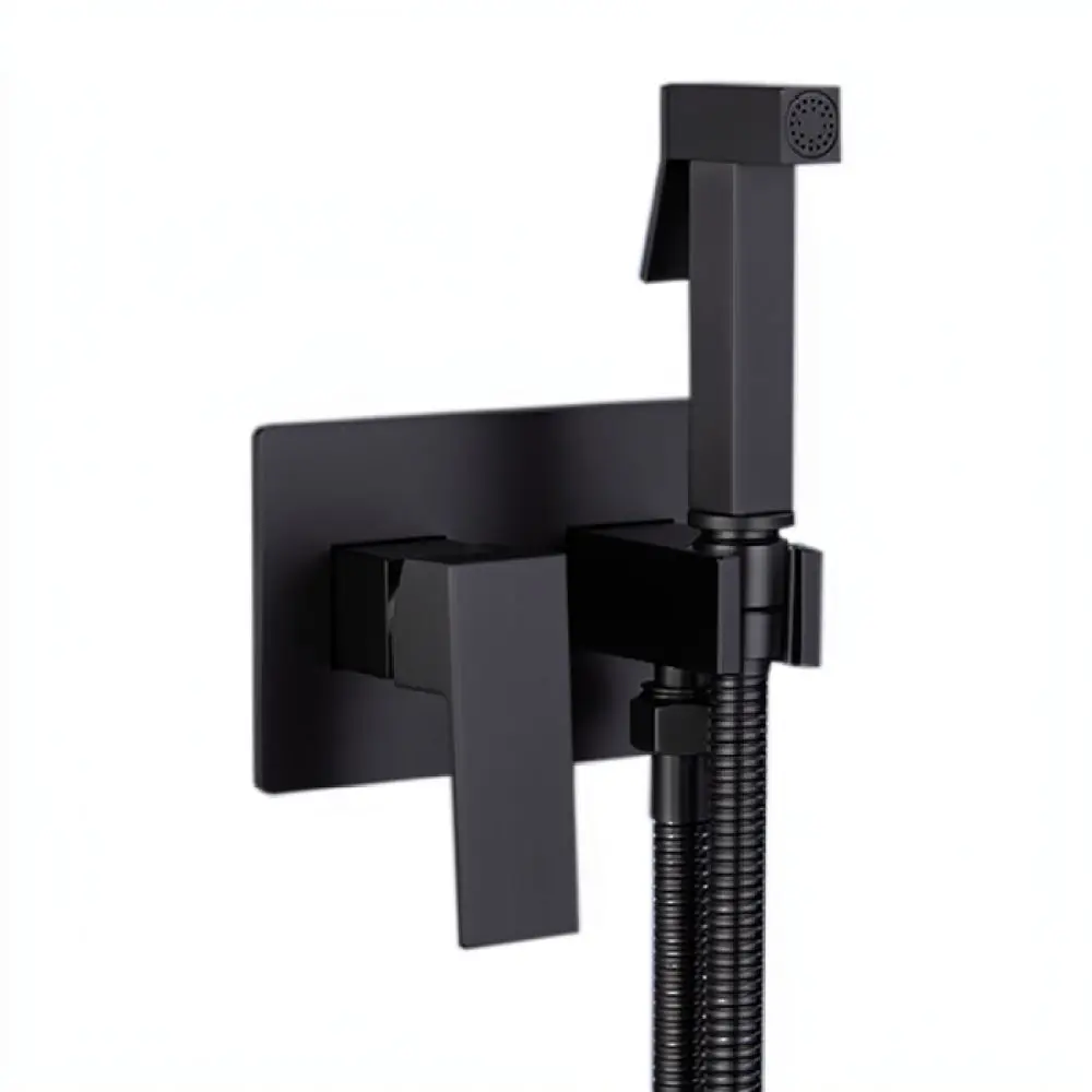 Solid Brass Bidet Mixer Wall Embedded Design Hot Cold Water Control Bathroom Hygiene Dispenser Black Modern Style