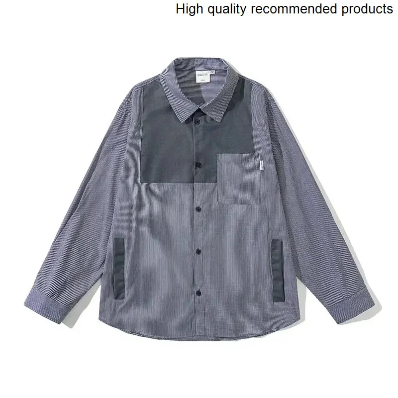 

Fashion 2025 Spring Men's Streetwear Vintage Loose Casual Splice Stripe Long Sleeve Shirts Cityboy Oversize Shirt Blouses
