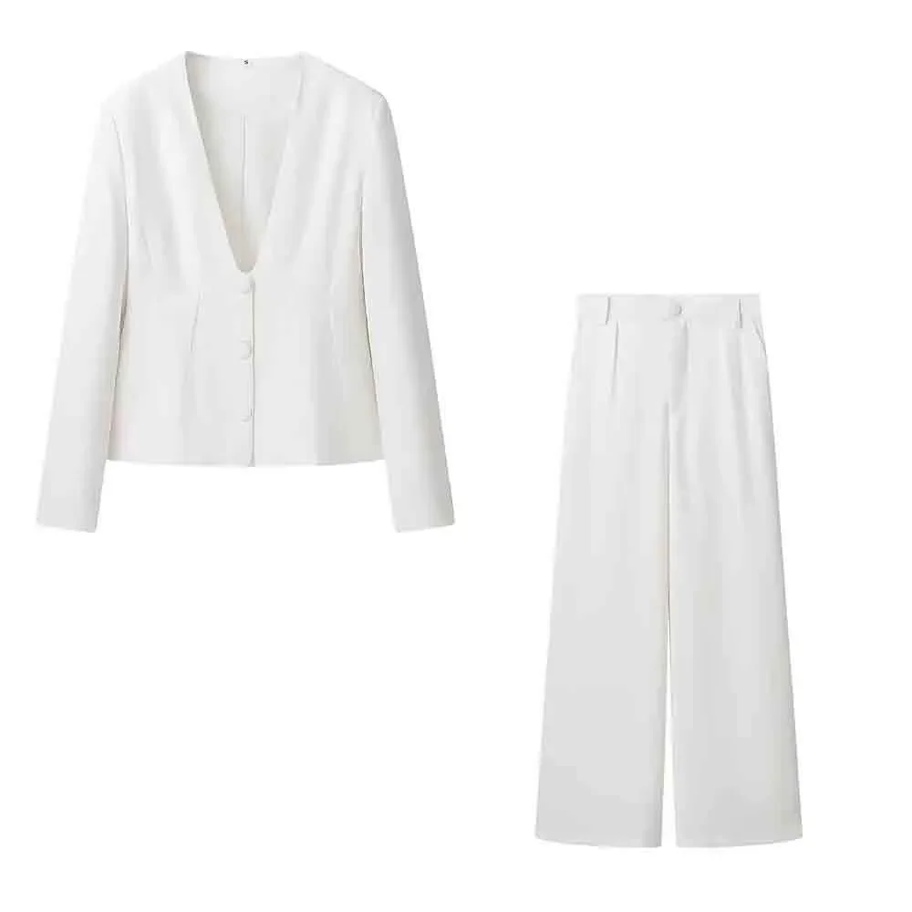 Donna Bianco 2 Pezzi Set Profondo scollo a V monopetto Blazer Cappotto Pantaloni a vita alta Donna Chic 2025 Primavera Office Lady Outfits