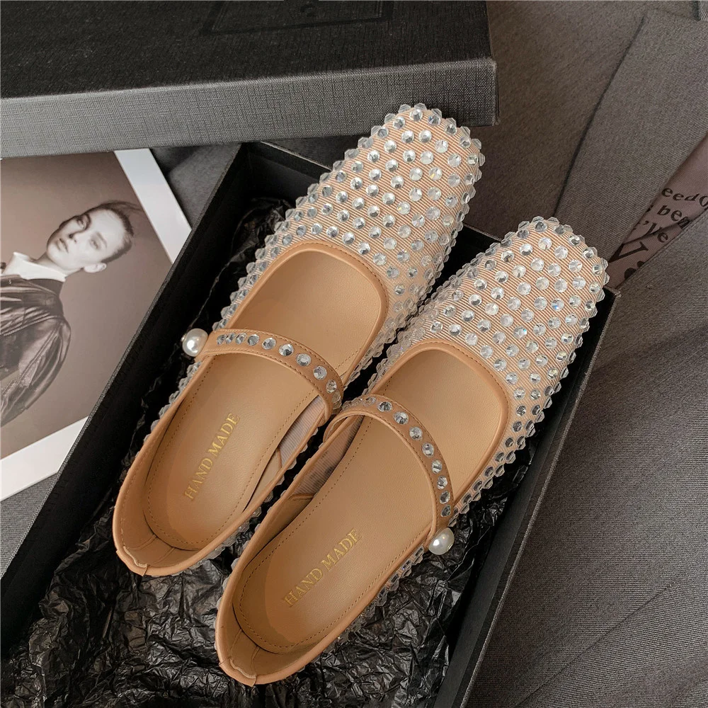 Aucegi Nude Mesh Thick Heels Sparkly Crystals Women Round Toe See-through Breathable Elegant Summer Buckle Strap Wedding Shoes