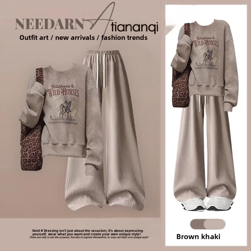 

Retro American Cool Loose round Ne Letter Print Sweatirt High Waist Slimming Casual Pants Two Piece Set Women's Faion