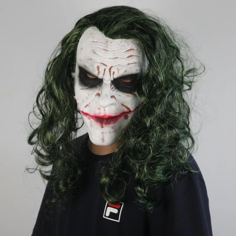 Clown Latex Mask Evil Halloween Green Hair Wig Headgear Heath Ledger Cosplay Joker Masques Prop