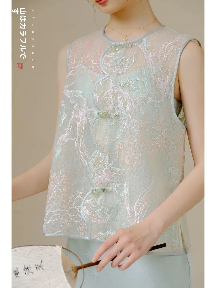 

New Sle Lightweight Embroidered Chinese Traditional Women's Top Vest Mountain Has Color Is Blue New Faion Summer 2025