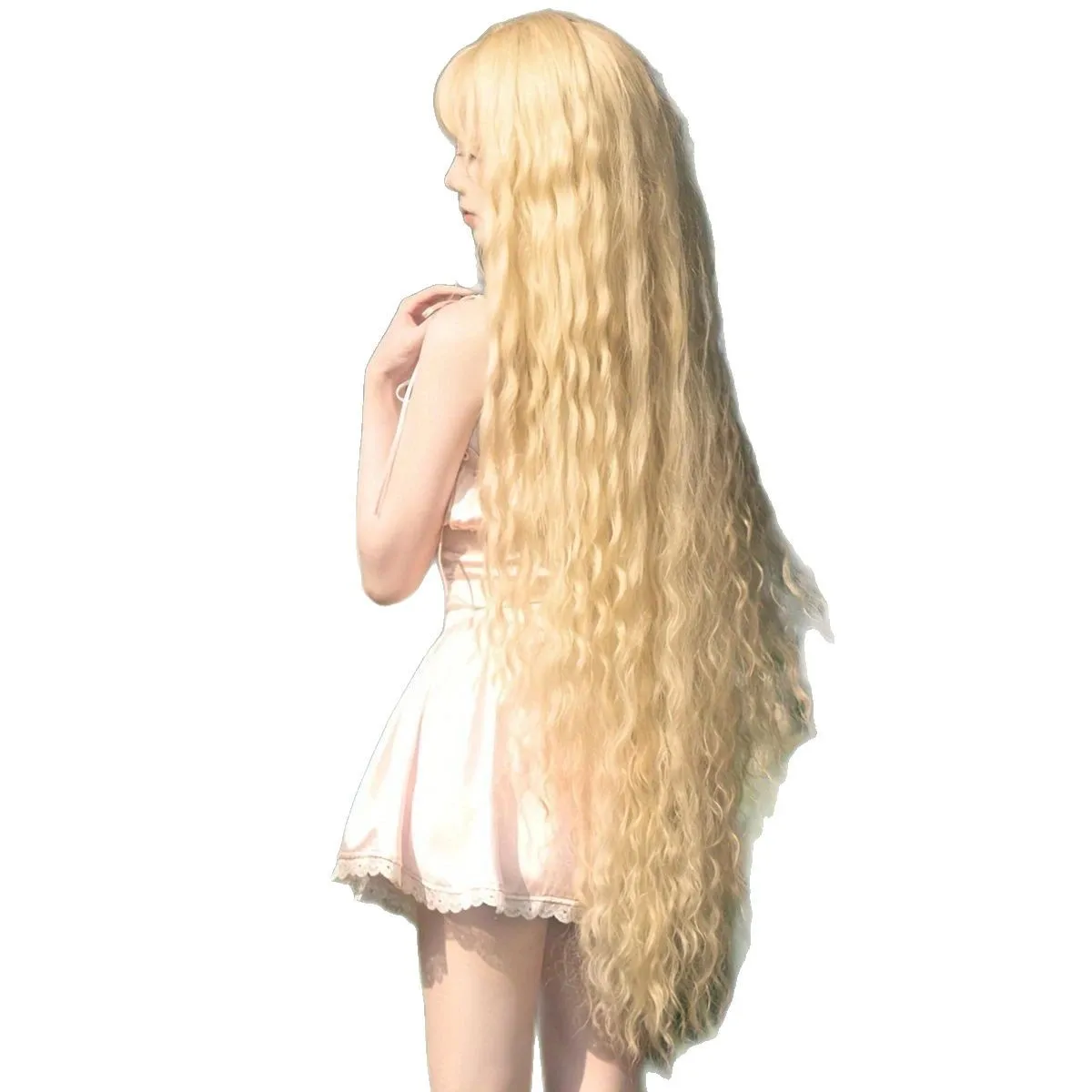 60cm long golden wig, round and fluffy head shape, breathable for summer wear, women's curly hair