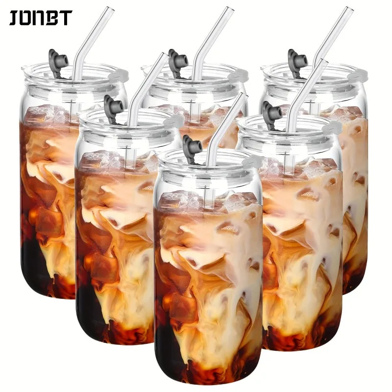 

2/4PCS 16oz Transparent Glass Cup with Lids Straw Reusable Drinkware Glasses Iced Coffee Tumblers Drinks Office Camping & Party