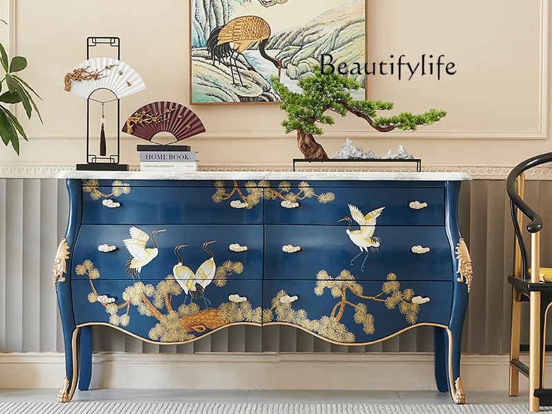 

French New Chinese Style National Fashion Luxury Royal Blue Hand Painted Crane Villa Entry Door Partition Curio Cabinet