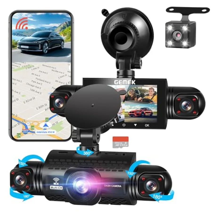 

Car dash cam system with 360-degree view, ABS plastic body, black color, 2K resolution front/rear/left/right channels, 5G WiFi,