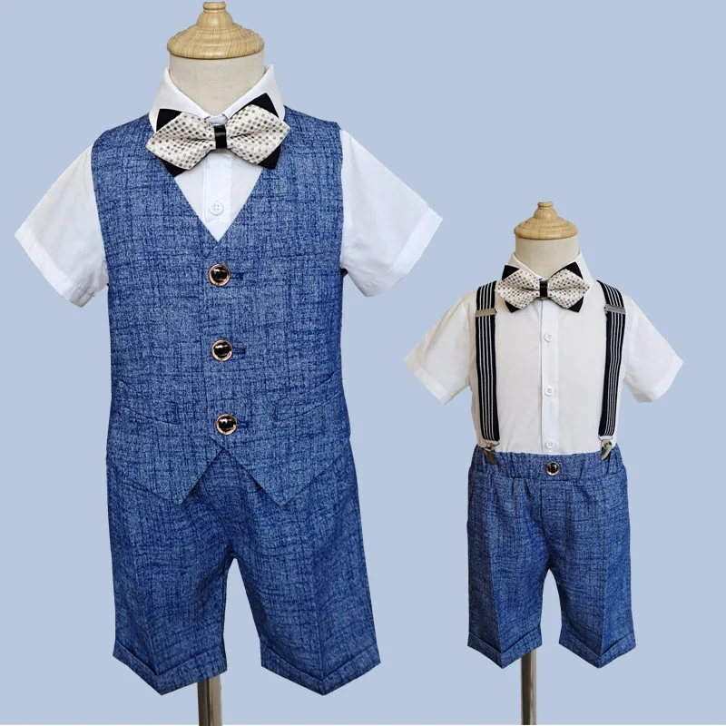 

Kids Birthday Wedding Suit Children Graduation Costume 2022 Boys Formal Shirt Short Suspender Bowtie 4Ps Photograph Set Teenager