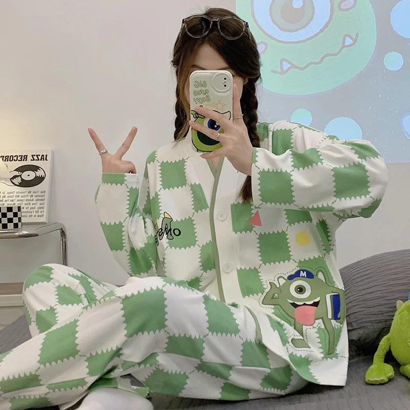 Disney spring big-eyed cute long-sleeved pajamas women's three-eyed knitted cotton cartoon checked V-neckcardigan loungewear set