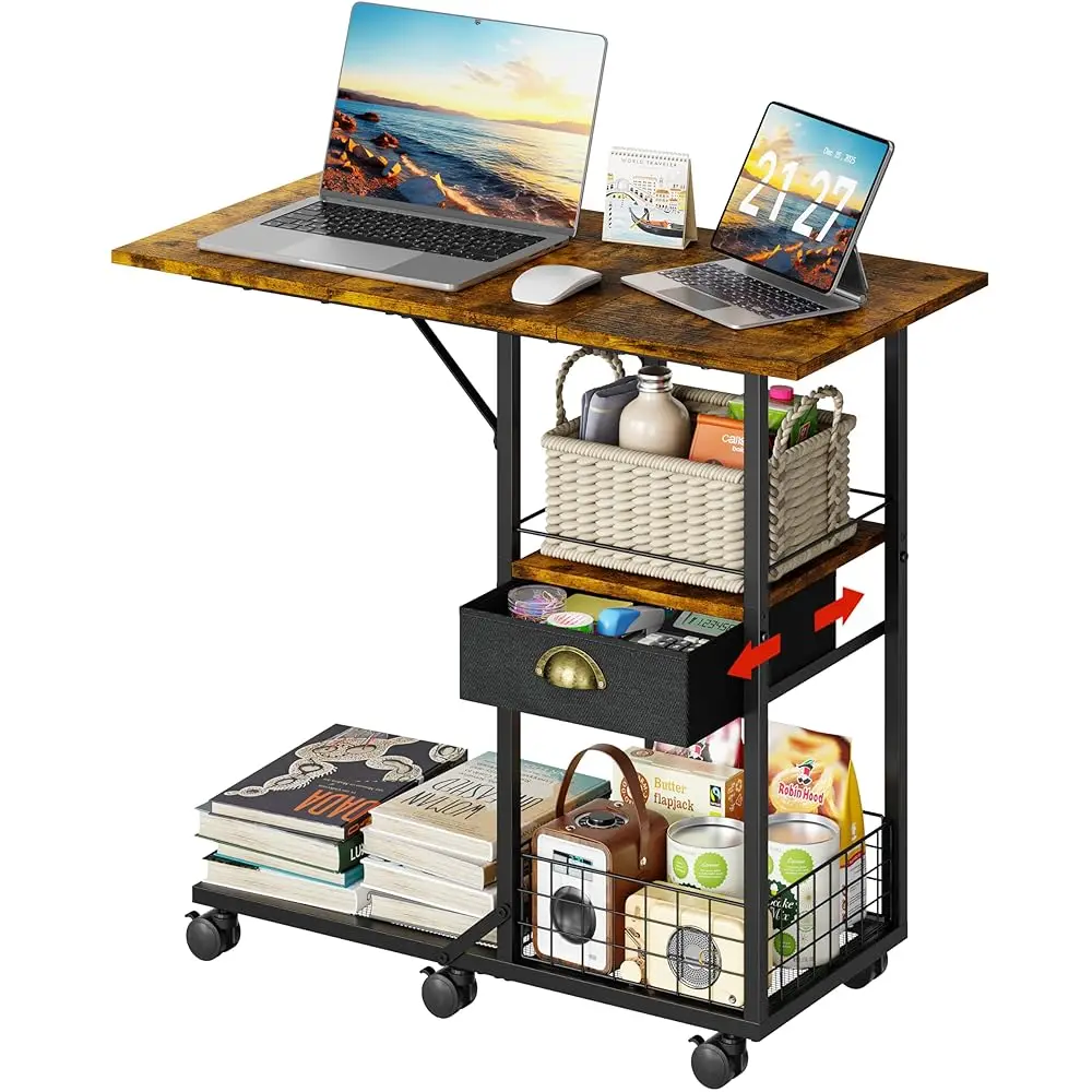 

Rolling Coffee Table with Oversized Double-Wide Wood Top, Mobile Tv Tray with Storage Drawer and Wheels for Sofa, Portable Si