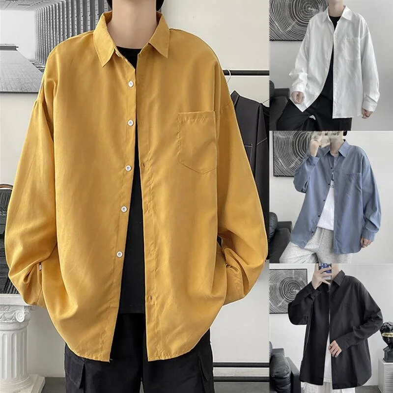 

Loose Long Sve Pure Color Artistic Men's irt Spring Autumn Hong Kong Sle High School Student Faion Casual irt
