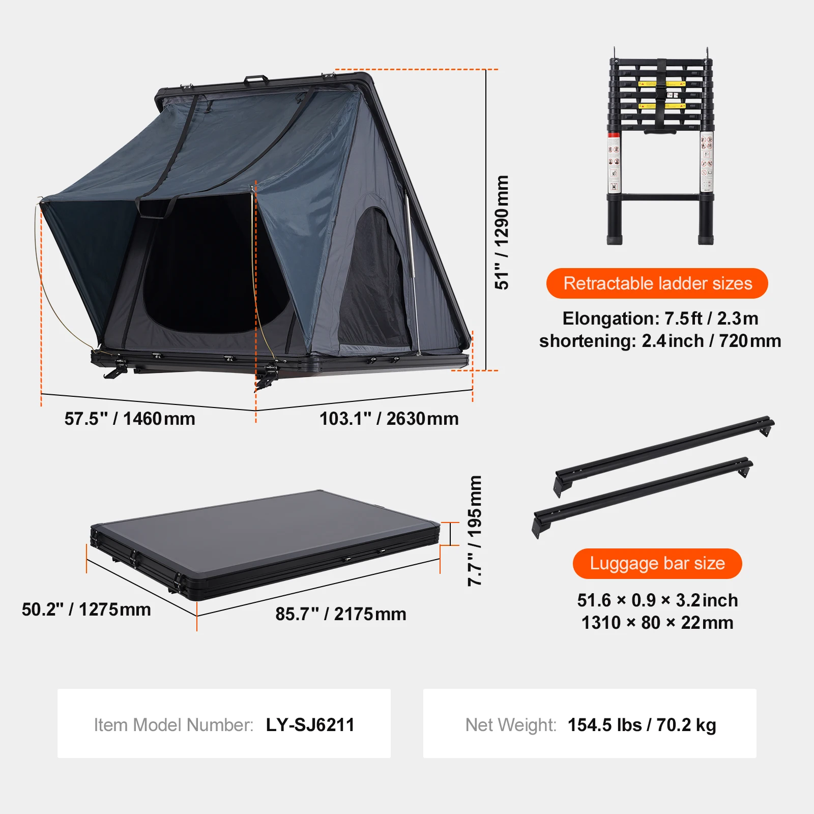 SucceBuy Tienda de campaña con carcasa dura para 2-3 personas, tienda de campaña con techo de carcasa dura con escalera telescópica impermeable para camionetas