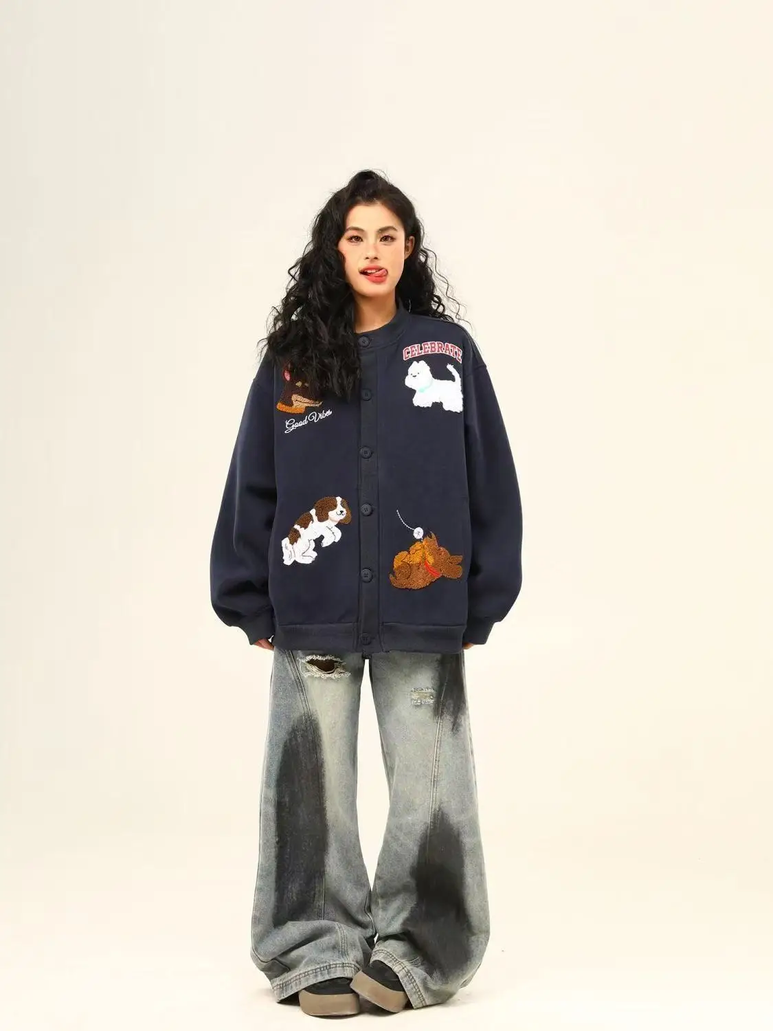

New Cartoon Towel Embroidered Dog OpenCardigan Sweatshirt Spring Autumn Trendy RetroOuterwear Loose Versatile Jacket