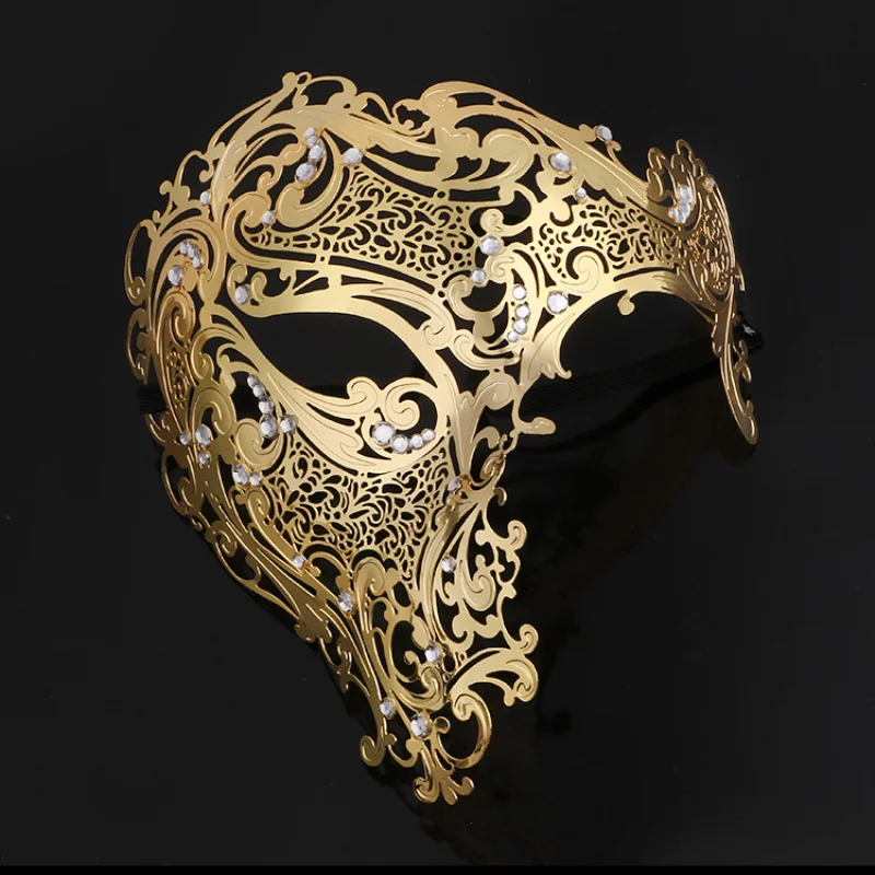 Black Gold Skull Metal Mask Halloween Rhinestone Half Face Venetian Masquerade Men White Women Skull Filigree Party Mask