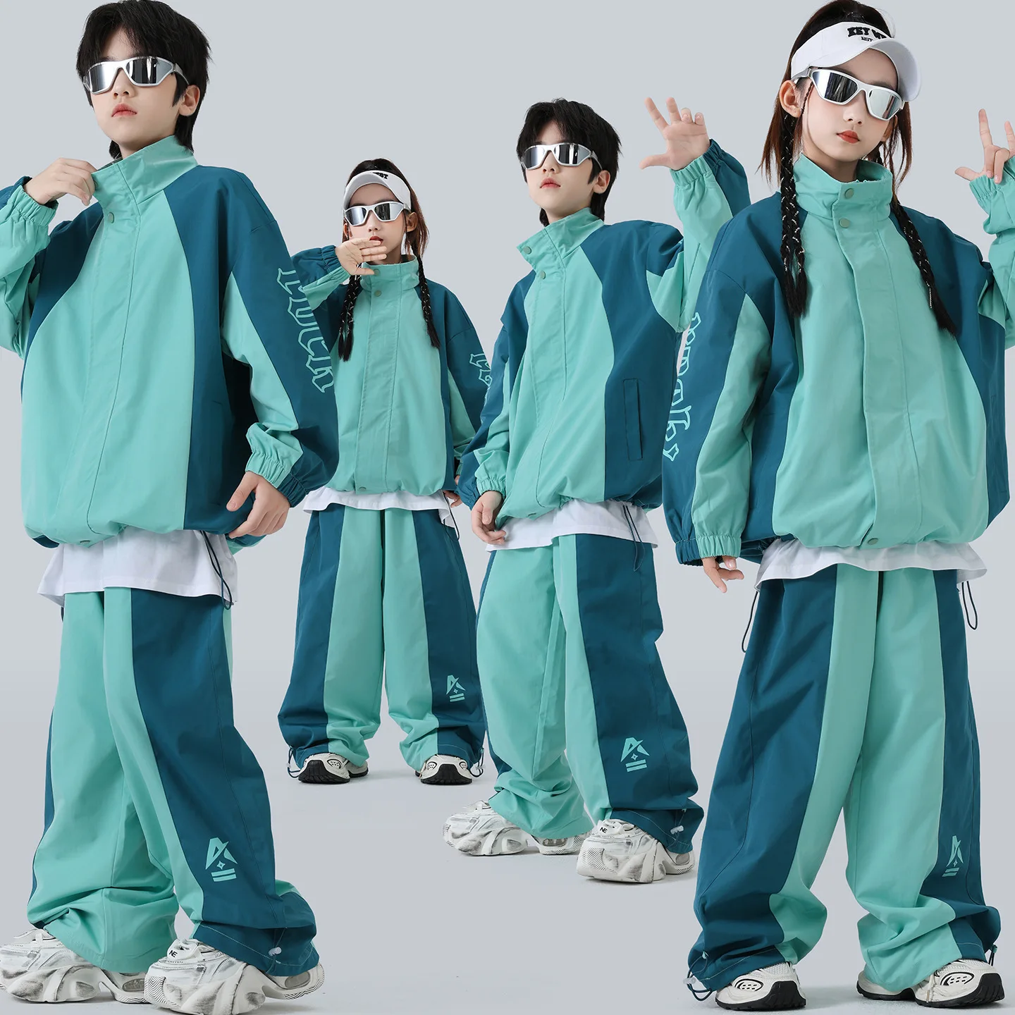 

Kid Kpop Hip Hop Clothing Green Blue High Neck Jacket Casual Adjustable Hem Pants for Girl Boy Street Dance Costume Set Clothes