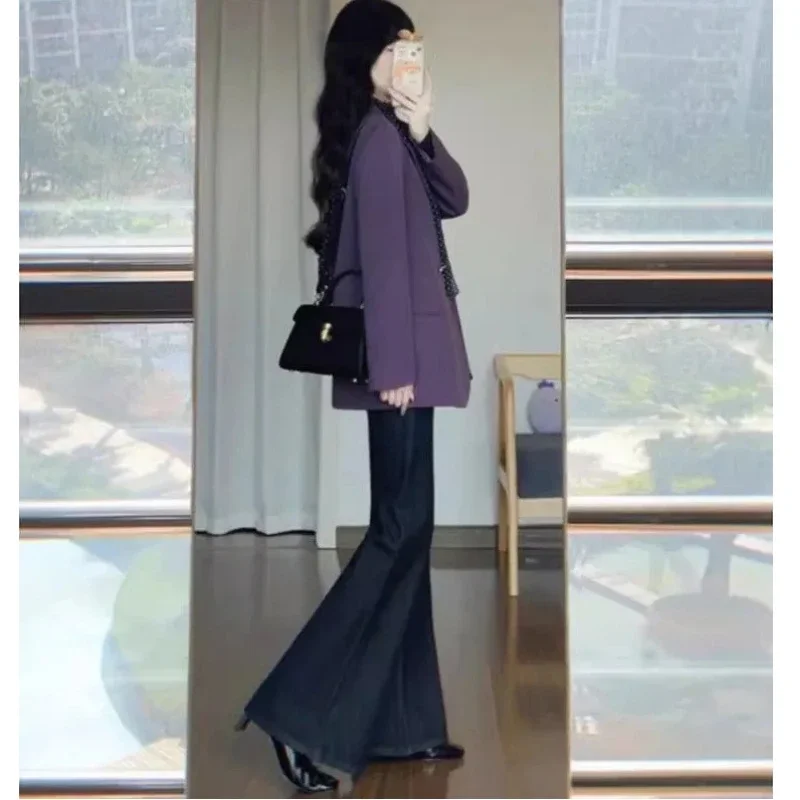 

Весенне-осенний женский пиджак, джинсовые брюки, комплекты из двух предметов, офисный женский изящный фиолетовый костюм, пальто, джинсовая одежда, новая рабочая одежда для женщин