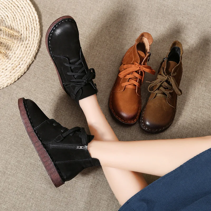 GKTINOO 2024 Retro Handmade Women\'s Genuine Leather Shoes Woman Ankle Boots Female Autumn Shoes Zip Flat With Fur Botas Mujer