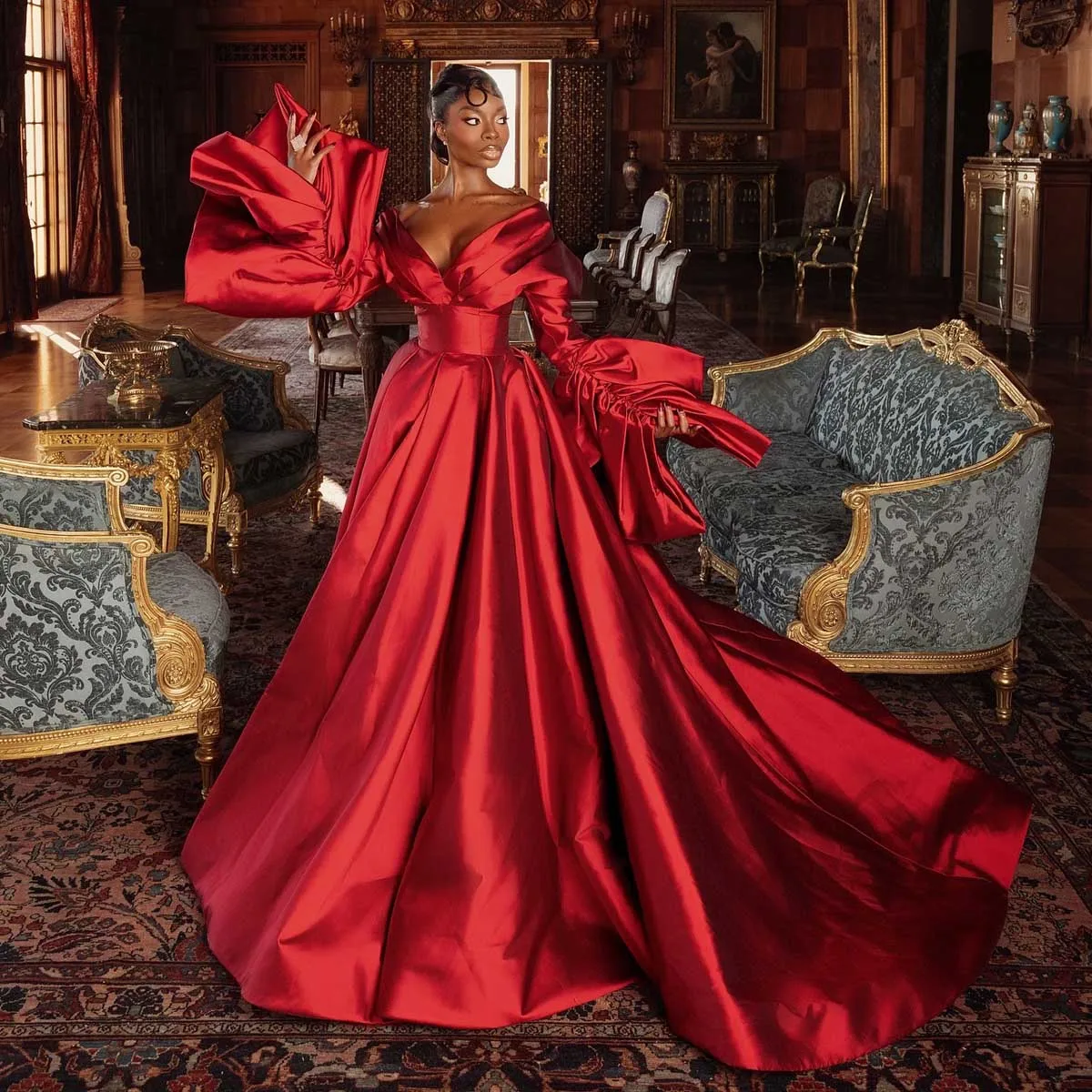 ドラマチックなレッドカーペットイブニングロングドレス2026カスタムボールドレスオフショルダー豪華なロングスリーブウェディングガウン花嫁ドレス撮影