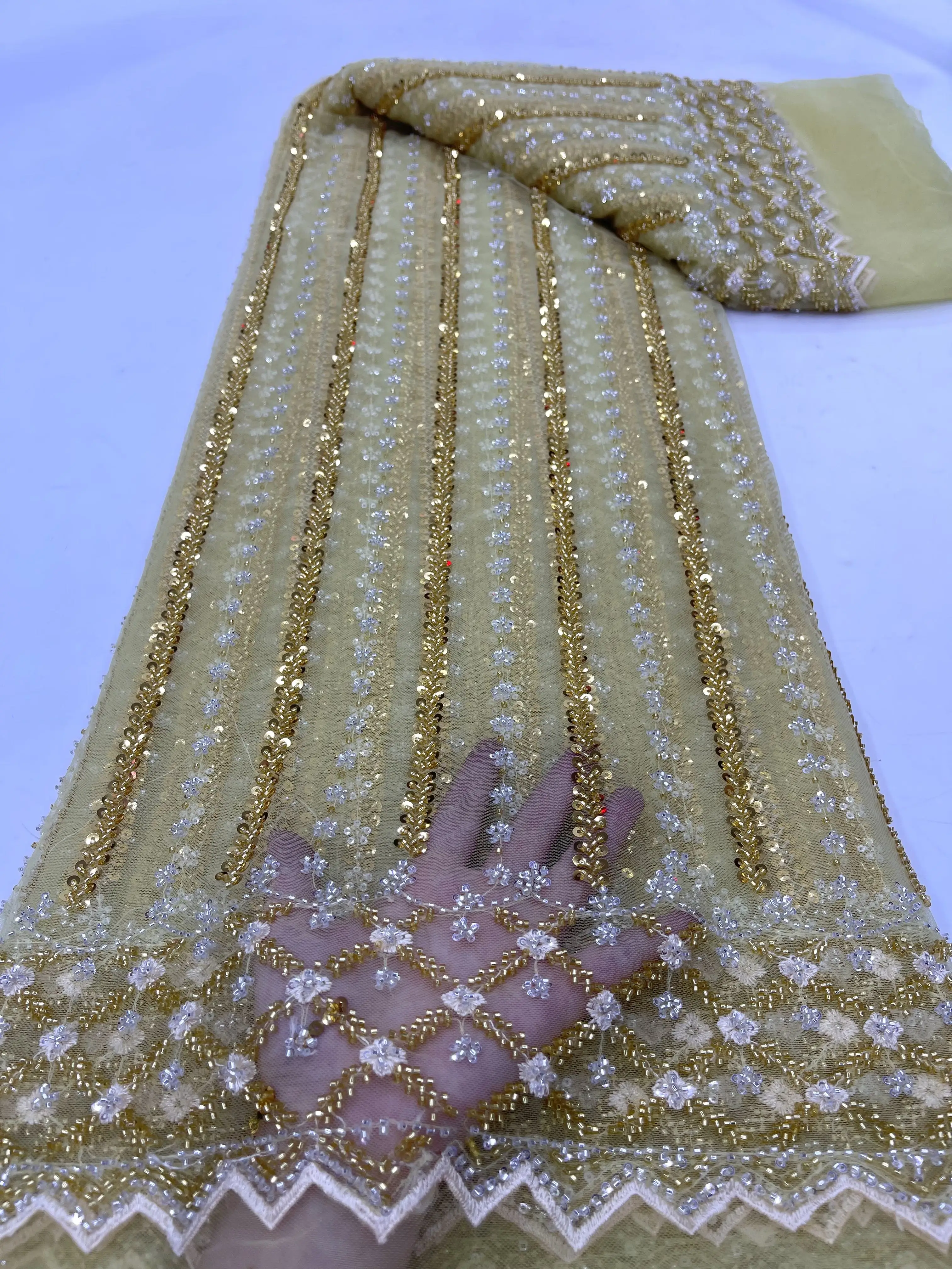 Hot Sale Beaded Lace Fabric High Quality African Lace Fabric Handmade Beads Lace Fabric for Bridal Material French Net Lace