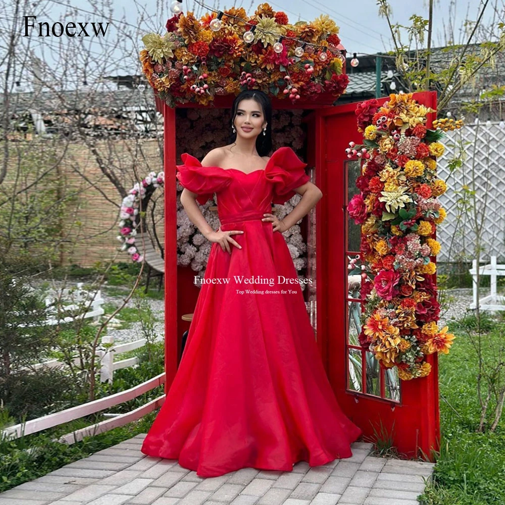 Fnoexw Vintage Red Long Prom Dresses Off the Shoulder Sleeves Pleat Wedding Engagement Gowns Vestidos De Fiesta Elegantes 2024